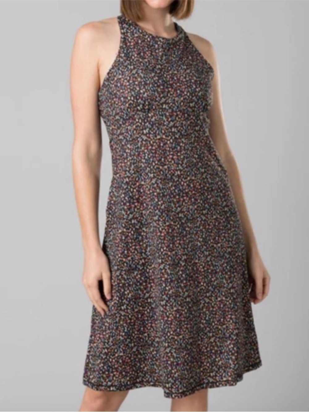 Prana Jewel Lake Summer Dress Black Multicolor Confetti Print Padded Shelf Bra-S